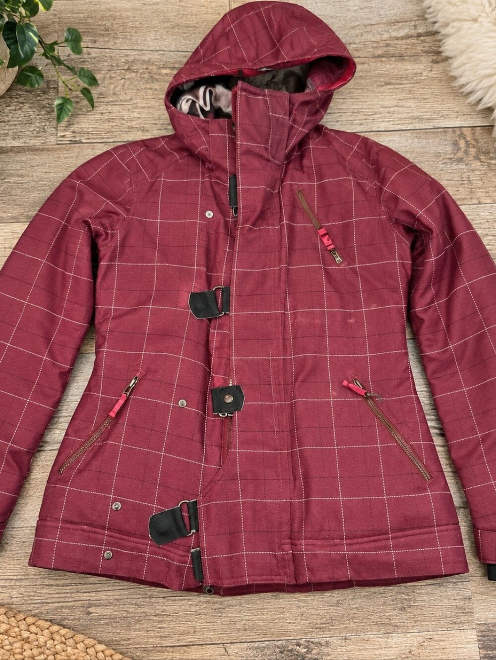 Burton Women's Plaid Hooded Winter Jacket Faux Fur Lined DRYRIDE Size L